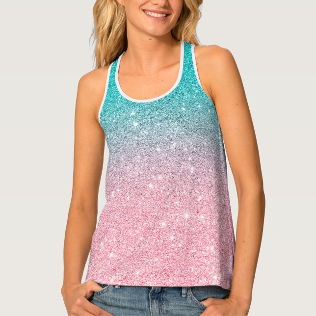 Turquoise and pink Faux Glitter Texture Tank Top (Front)