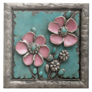 Turquoise and pink Floral Art with silver frame Ceramic Tile
