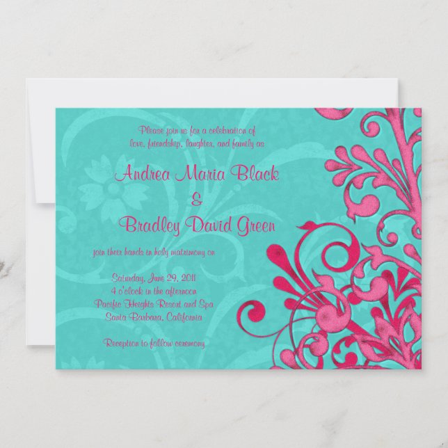 Turquoise and Pink Floral Wedding Invitation (Front)