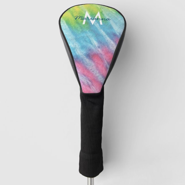 Turquoise and Pink Girly Tie Dye Monogrammed Golf Head Cover (Front)