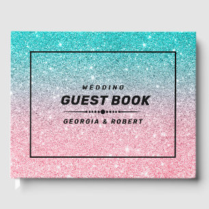 Turquoise and pink glitter ombre guest book