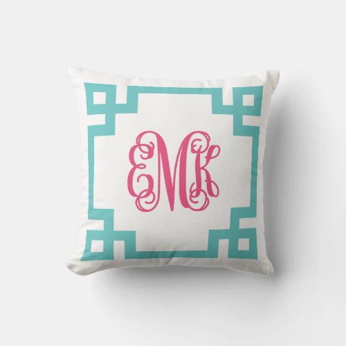 Turquoise and Pink Greek Key Script Monogram Throw Pillow
