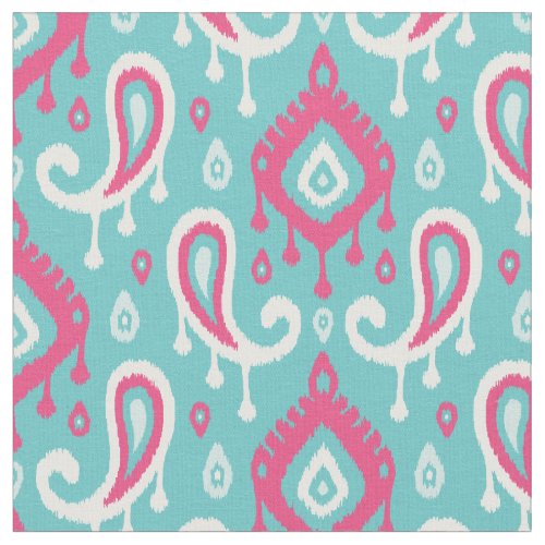 Turquoise and Pink Ikat Paisley Fabric