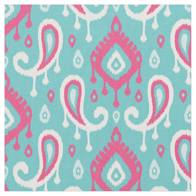 Turquoise and Pink Ikat Paisley Fabric (Close Up)