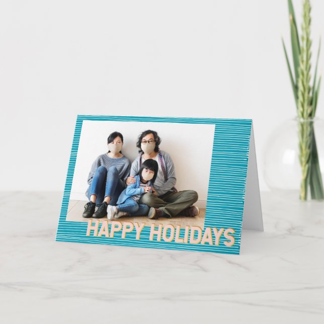 Turquoise and Pink Lines Modern Personalized Photo Holiday Card (Front)