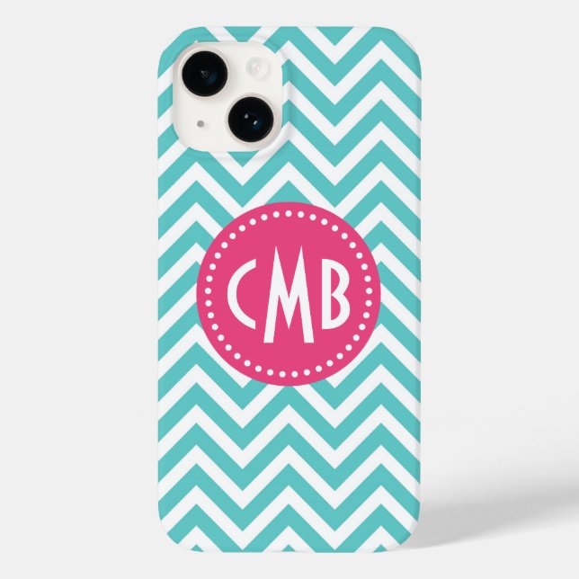 Turquoise and Pink Modern Chevron Monogram Case-Mate iPhone Case (Back)
