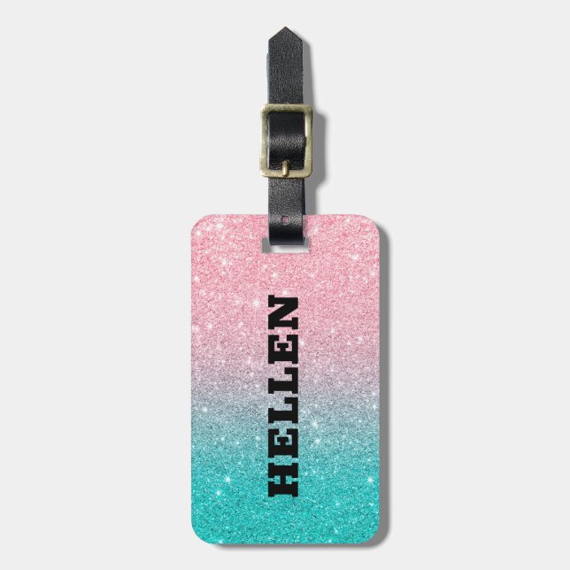 Turquoise and pink ombre faux glitter luggage tag (Front Vertical)
