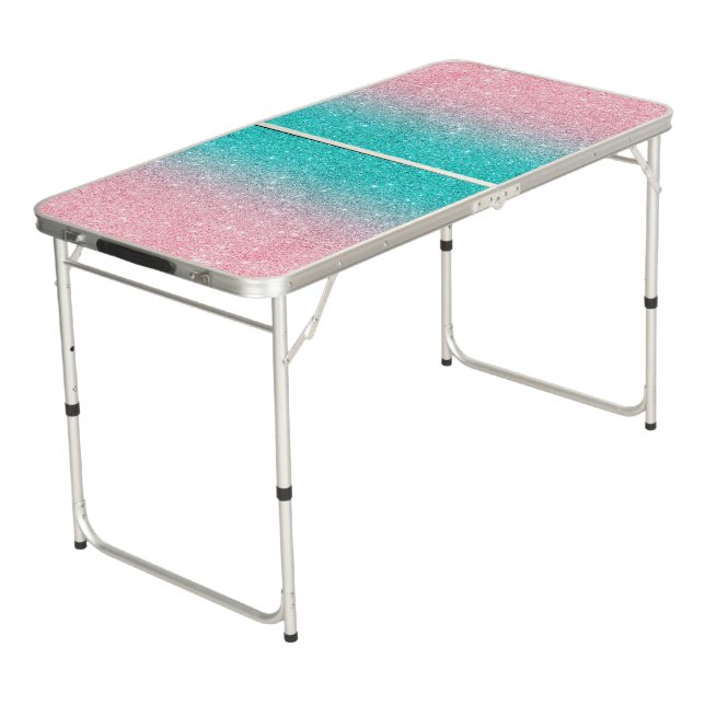 Turquoise and pink ombre glitter texture beer pong table (Angled)