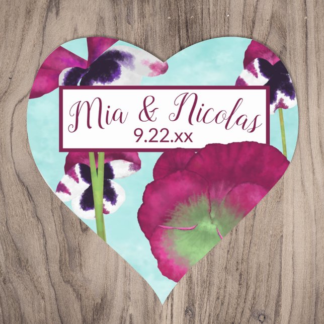 Turquoise and Pink Personalized Stickers (turquoise blue cyan magenta berry pink pansy heart-shaped wedding monogram sticker couples names)