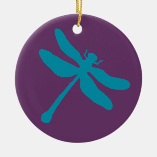 Turquoise and Purple Dragonfly Ceramic Ornament (Front)