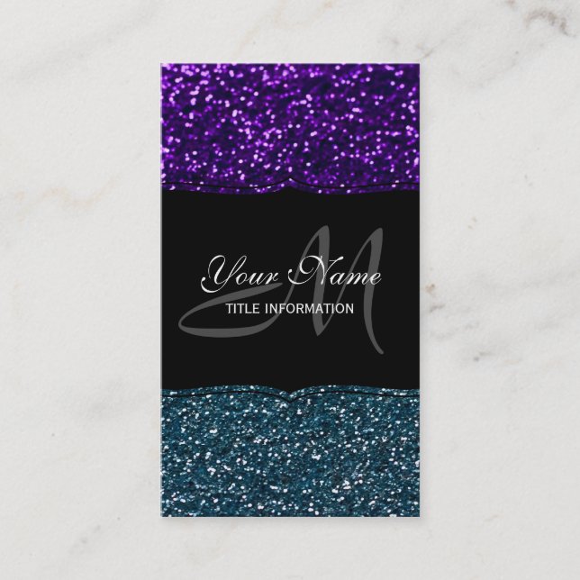 Turquoise and Purple Glitter Sparkles Business Card (Front)