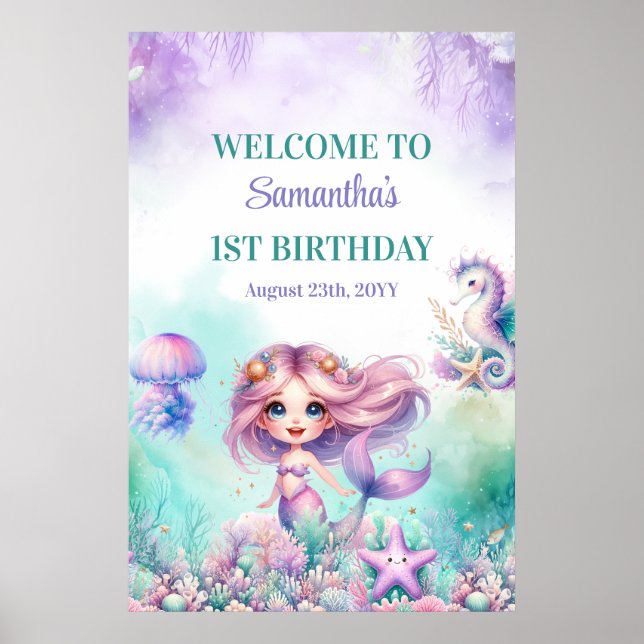 Turquoise and purple mermaid 1st birthday welcome poster (Front)