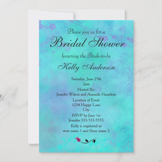 Turquoise and Purple Misty Abstract Bridal Shower Invitation (Front)