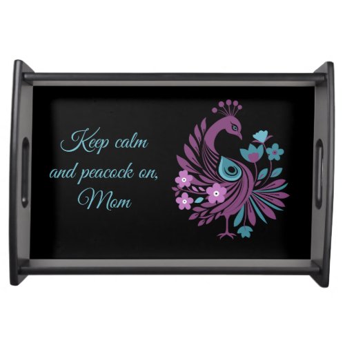 Turquoise and purple peacock for mom on black serving tray