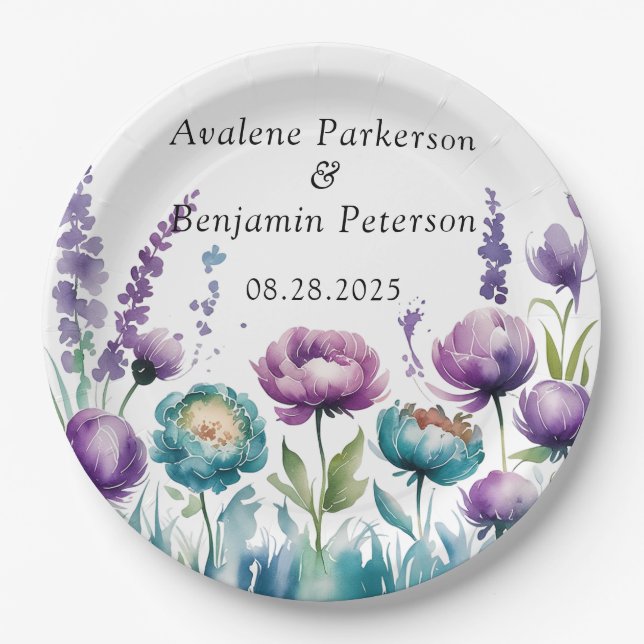 Turquoise and Purple Wildflowers Wedding Paper Plates (Front)