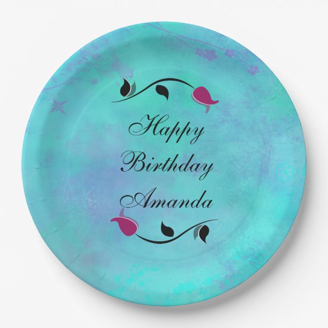 Turquoise and Purple with a Red Rose Birthday Paper Plates (Front)