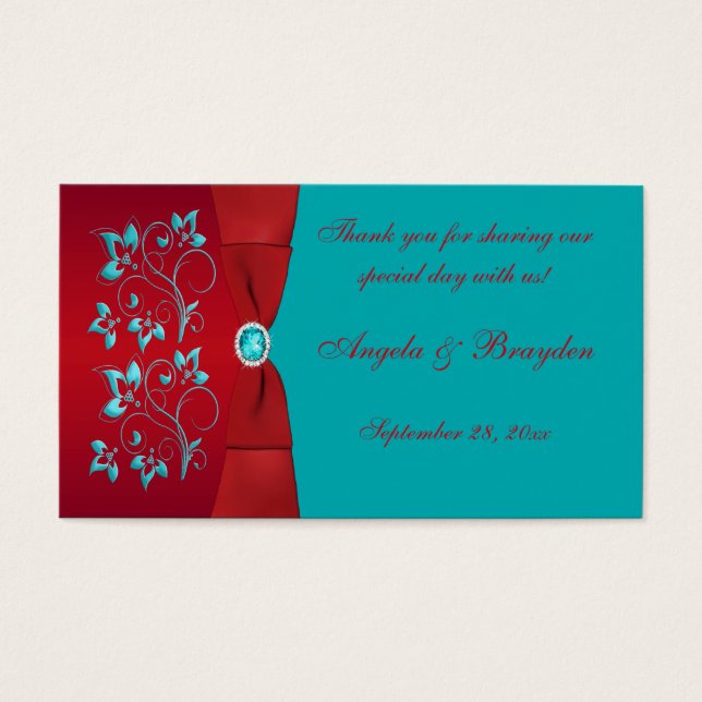 Turquoise and Red Floral Wedding Favor Tag (Front)