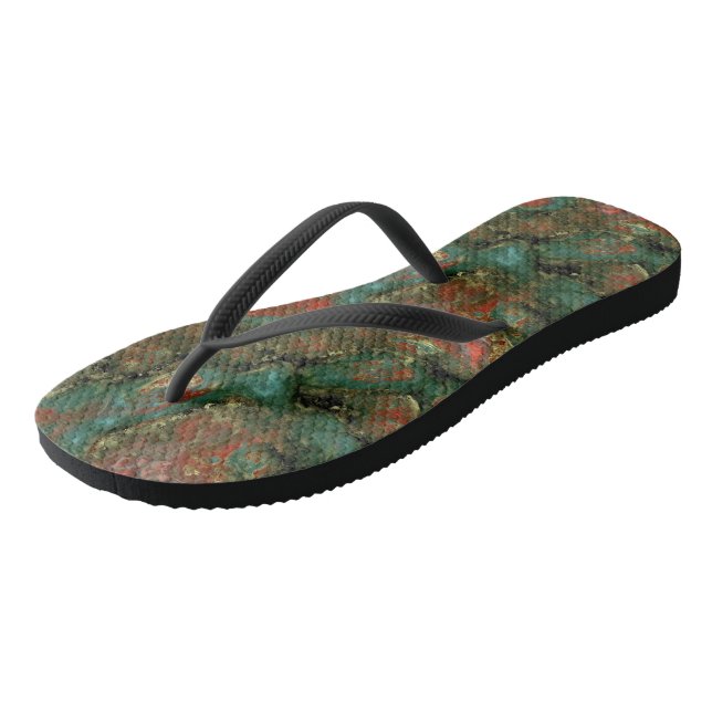 Turquoise and Red Marble Abstract Flip Flops (Angled)