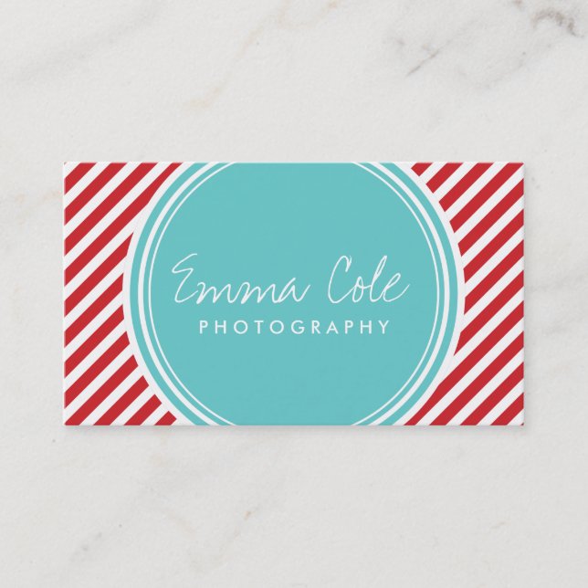 Turquoise and Red Preppy Stripes Business Card (Front)