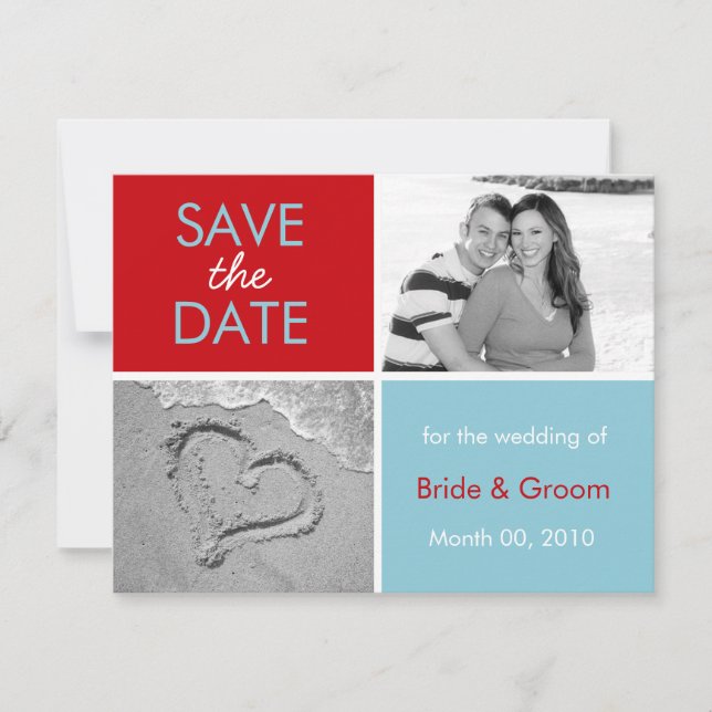 Turquoise and Red Save the Date photo cards (Front)
