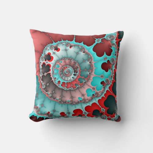 Turquoise and Red Spiral Abstract Throw Pillow