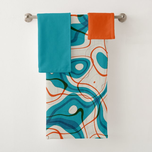 Turquoise and Red Swirls Bath Towel Set (Insitu)