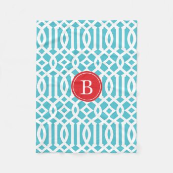 Turquoise And Red Trellis Pattern Monogram Fleece Blanket by cardeddesigns at Zazzle