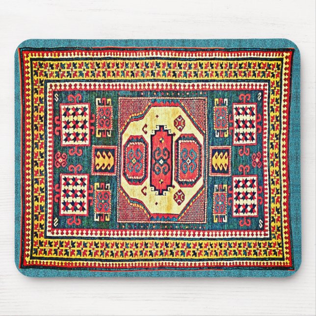 Turquoise and Rose Red Kazak Oriental Rug Design Mouse Pad (Front)