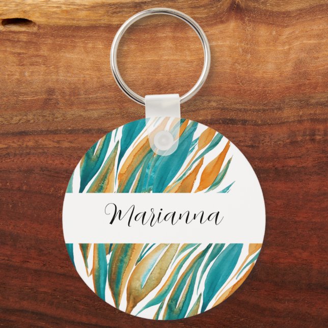 Turquoise And Rust Fall Watercolor Hand-painted Keychain (Front)