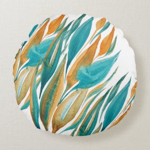 Turquoise And Rust Fall Watercolor Hand-painted Round Pillow