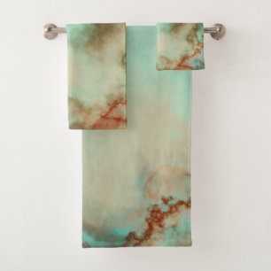 Turquoise and Rust Marble Abstract Bath Towel Set