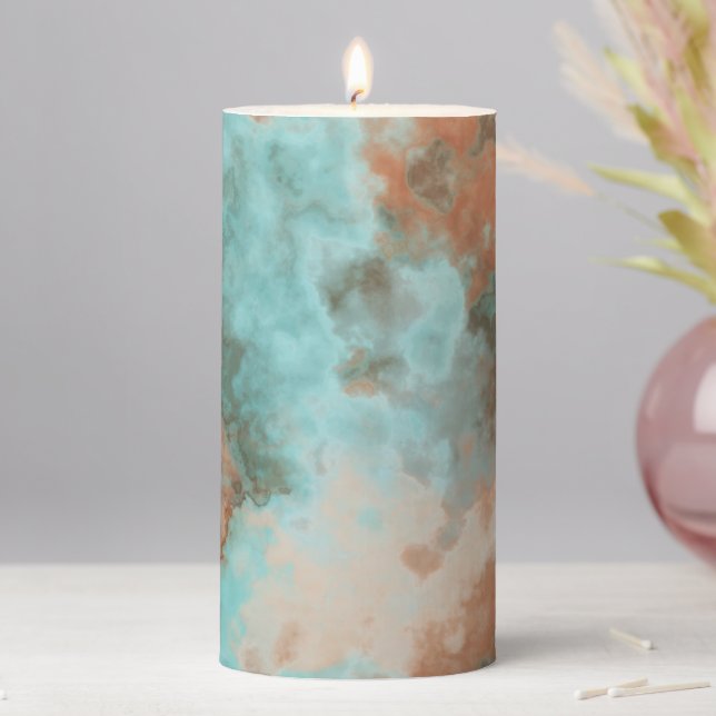 Turquoise and Rust Marble Abstract Pillar Candle (In Situ)