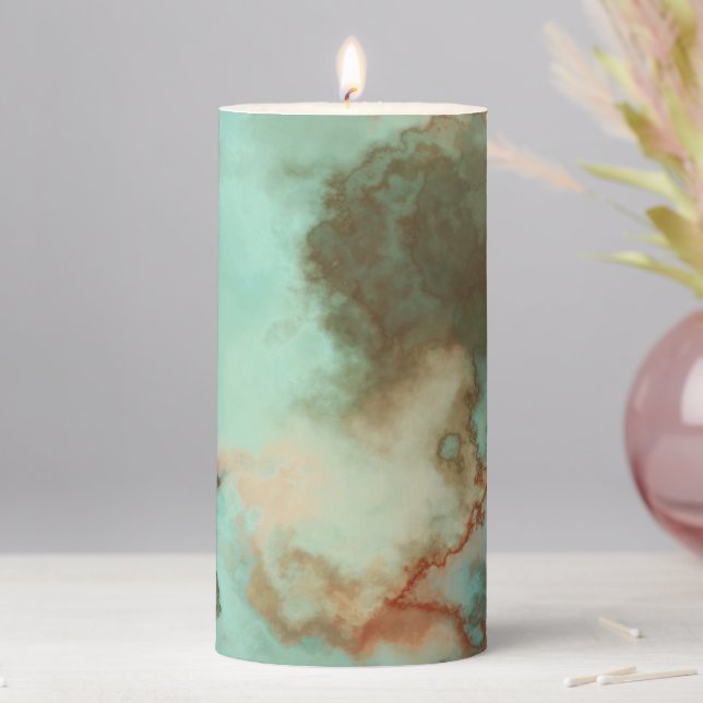 Turquoise and Rust Marble Abstract Pillar Candle (In Situ)