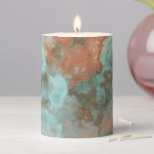Turquoise and Rust Marble Abstract Pillar Candle