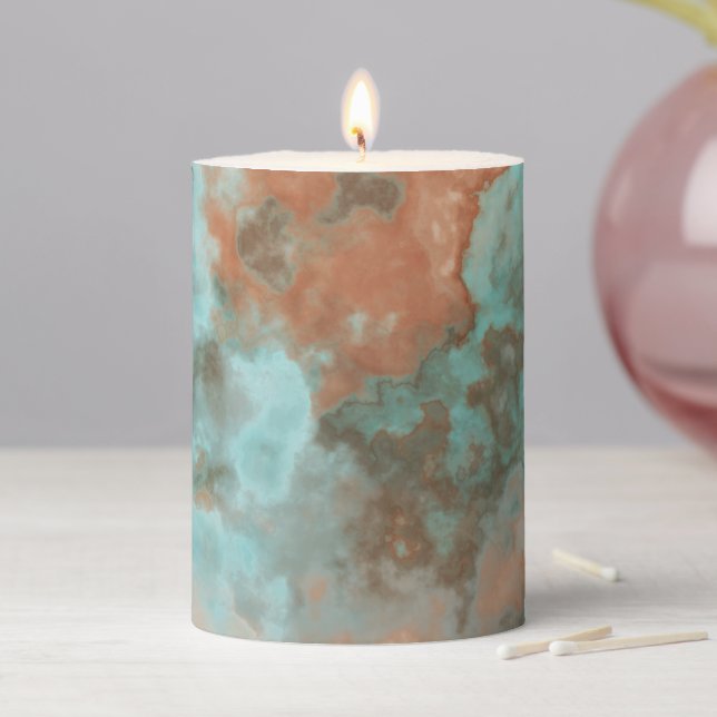 Turquoise and Rust Marble Abstract Pillar Candle (In Situ)