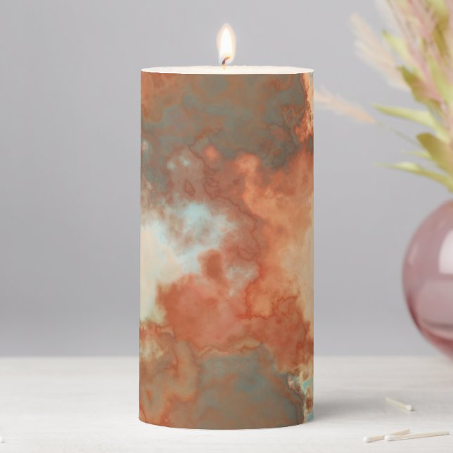 Turquoise and Rust Marble Abstract Pillar Candle (In Situ)