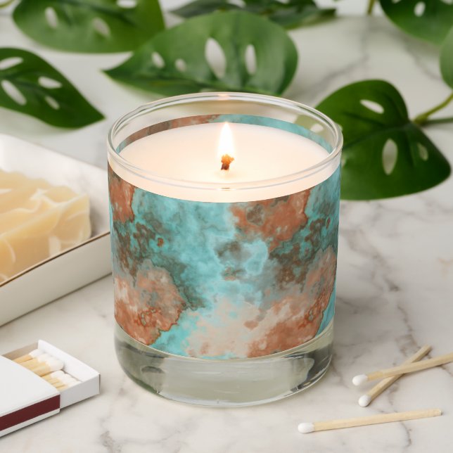 Turquoise and Rust Marble Abstract Scented Candle (Lit)
