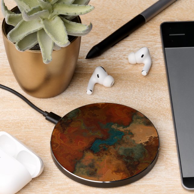 Turquoise and Rust Marble Abstract Wireless Charger (Desk 2)