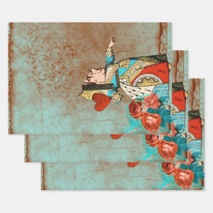 Turquoise and Rust Queen of Hearts Wrapping Paper Sheets