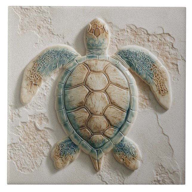 Turquoise and Sand Coastal Sea Turtle Ceramic Tile (Front)