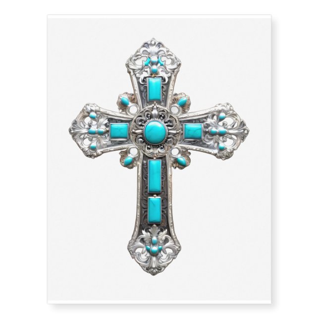 Turquoise and Silver Cross Temporary Tattoos (Front)