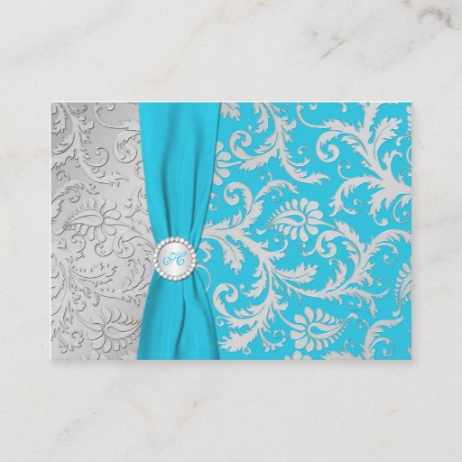 Customizable Turquoise and Silver Damask Enclosure Card Business Cards