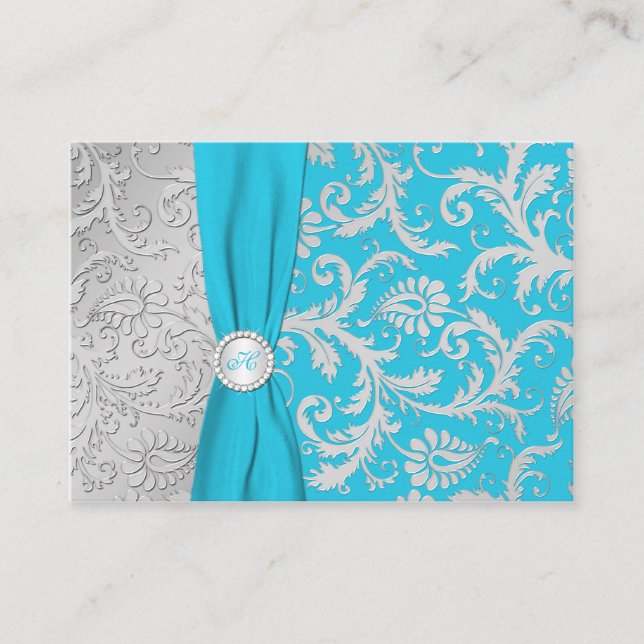 Turquoise and Silver Damask Enclosure Card (Front)