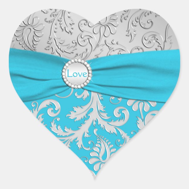 Turquoise and Silver Damask Heart Shaped Sticker (Front)
