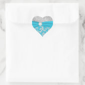 Turquoise and Silver Damask Heart Shaped Sticker (Bag)