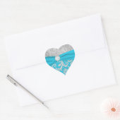 Turquoise and Silver Damask Heart Shaped Sticker (Envelope)