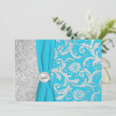 Turquoise and Silver Damask Quinceanera Invitation (Standing Front)
