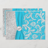 Turquoise and Silver Damask Quinceanera Invitation (Front/Back)