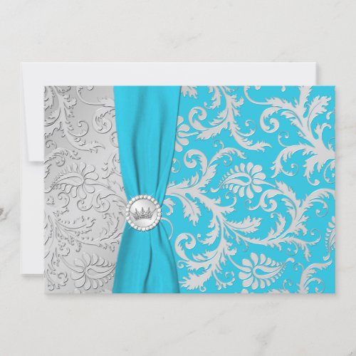 Turquoise and Silver Damask Quinceanera Invitation