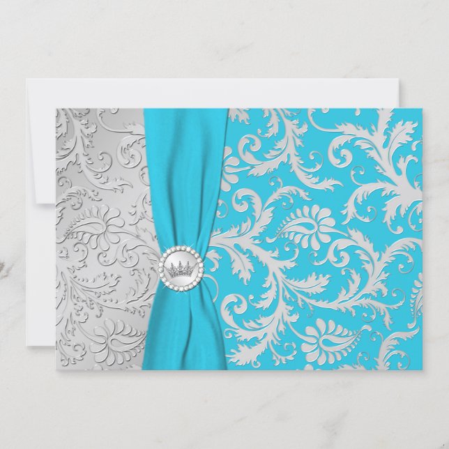Turquoise and Silver Damask Quinceanera Invitation (Front)